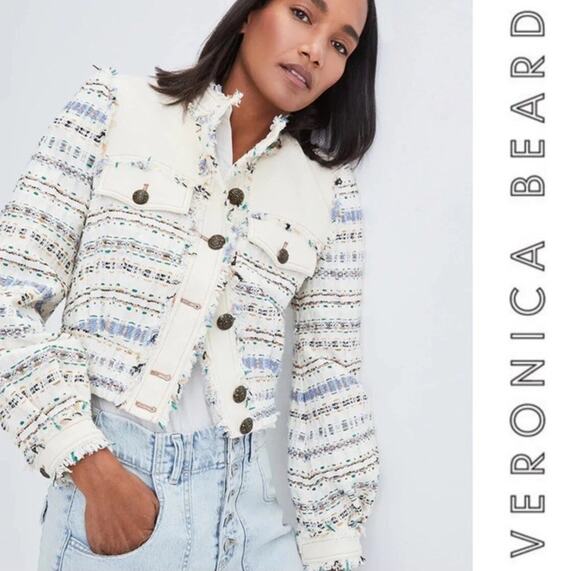 VERONICA BEARD Jackets & Blazers - Veronica Beard Darren Tweed Jacket Ecru Multi Fringe Crop Jacket US 12